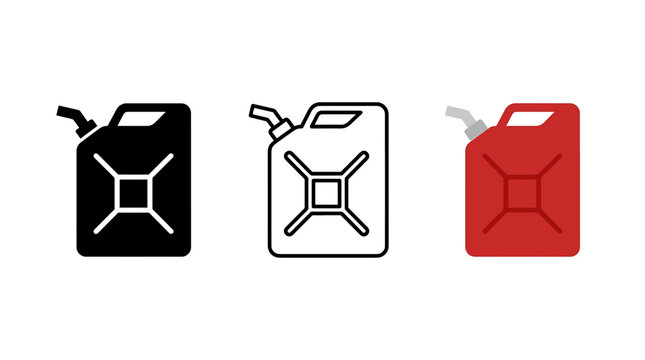 Fuel canister icon set featuring red gasoline jerrycan for storage and transport of flammable liquids and chemicals