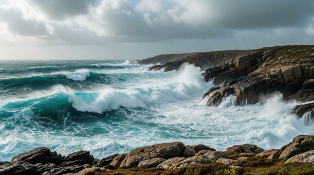 Powerful ocean waves crash against rugged rocky coastline during stormy weather. Dark grey clouds hang over rough sea water. Foam splashes on dark cliffs at shore. Dramatic maritime landscape scene