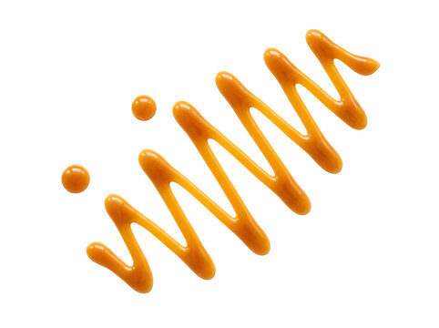 Zigzag drizzle of orange sauce or caramel syrup isolated on transparent background