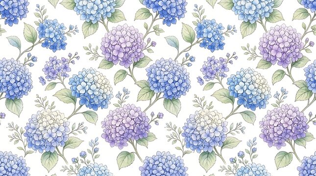 Seamless pattern with blue and purple hydrangea flowers isolated on white background