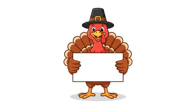 Cartoon thanksgiving turkey wearing a pilgrim hat holding a blank white sign for your custom message