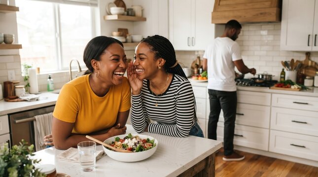 Two happy young women laughing together while sitting at a kitchen island with a man cooking behind them