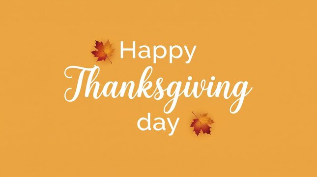 Happy thanksgiving day greeting card design with elegant white typography and autumn leaves on orange background