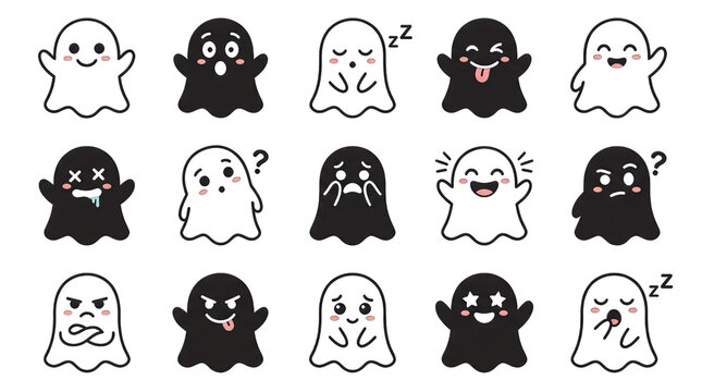 Collection of cute pixel art ghost characters with various expressions isolated on transparent background