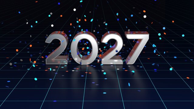 2027 New Year Celebration with Silver 3D Numbers and Falling Confetti on Futuristic Background