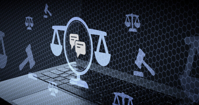Digital online law consulting service with scales of justice and chat bubbles above a modern laptop keyboard, representing legal tech, cyber law, and internet litigation.