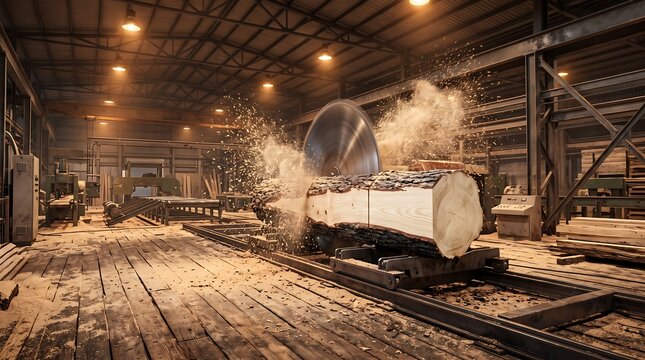 Timber processing scene, log on metal carriage mid-cut, sawdust-filled air catching overhead tungsten, dusty industrial interior, no people