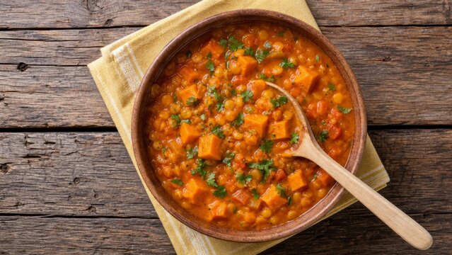 Thick lentil and vegetable stew in a wooden bowl with spoon