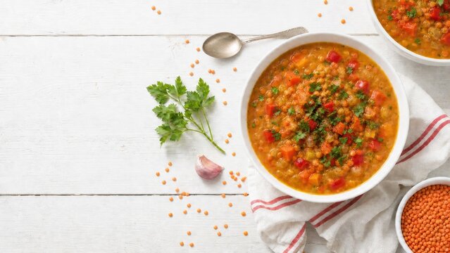 Colorful red lentil vegetable soup with parsley on a white table