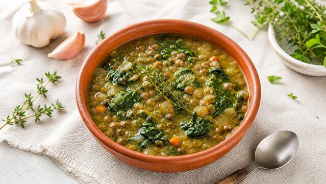 Green lentil and spinach soup with herbs on a light rustic table