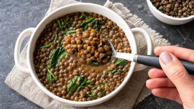 Hand scooping hearty lentil stew with greens from a white bowl