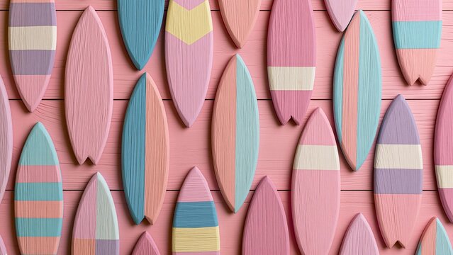 Pastel wooden surfboard cutouts pattern on pink plank background abstract summer concept