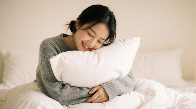 Happy young Asian woman hugs soft white pillow on bed. Female wears grey sweater in morning time at home. Girl rests in bedroom with peaceful smile. Cosy lifestyle mood radiates comfort, wellness as