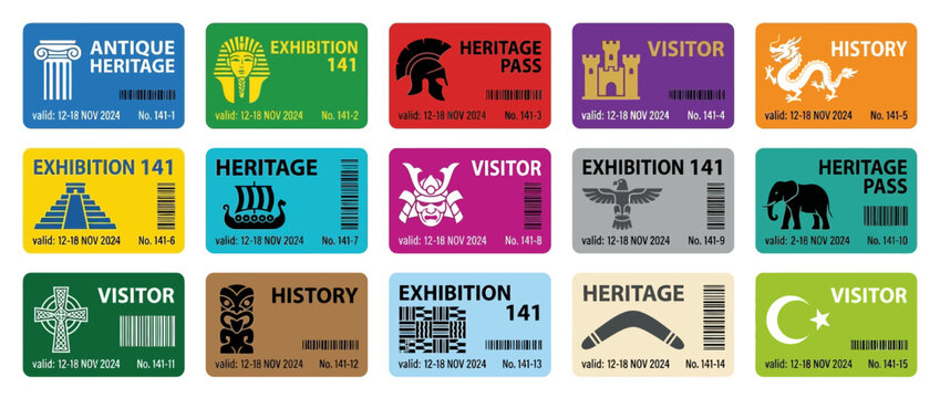 Collection of colorful heritage and visitor passes with cultural symbols