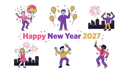 Fototapeta premium Happy New Year 2027 Celebration: A vibrant collection of diverse people celebrating New Year's Eve with fireworks, balloons, champagne, and confetti, embodying the festive spirit of the coming year.