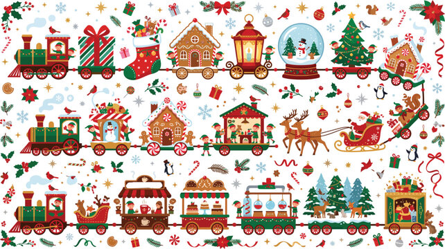 Festive watercolor illustration featuring a magical christmas train carrying holiday gifts gingerbread houses pine trees and santa claus with reindeer