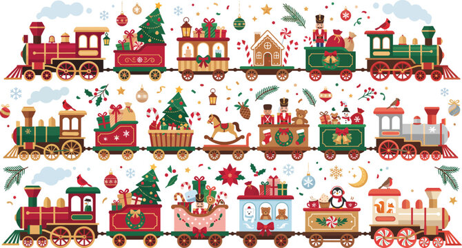 A festive collection of colorful christmas trains carrying holiday gifts and decorations isolated on a clean white background for design