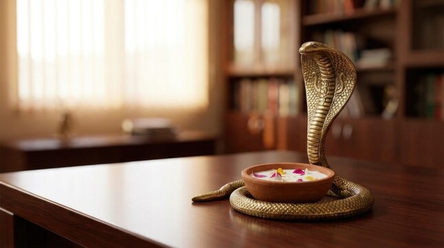 Golden cobra statue wrapped around clay bowl with milk, celebrating sacred hindu festival of nag panchami, placed on wooden desk, representing traditional indian religious worship ritual.
