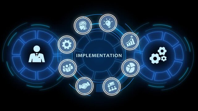 Business implementation strategy concept with digital interface and management