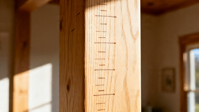 Close up of family growth height marks on oak wall