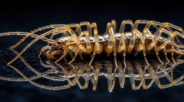 Macro side view of centipede insect with long legs. Detailed brown house centipede creature crawls on dark reflective surface. Natural wildlife shot shows segmented body structure for biology science