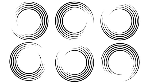 Set of abstract black spiral speed lines in dynamic circular motion representing rotation and vortex effect