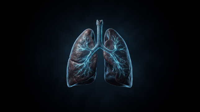 Human lungs displayed with glowing blue bronchial tubes representing respiratory health and medical science inside a dark realistic three dimensional digital render created for educational biology and