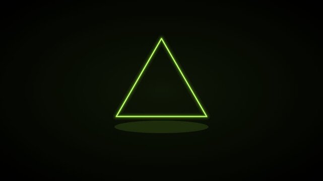 glowing neon triangle outline drawing on a black background, lime green neon