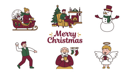 Fototapeta premium Christmas Greetings: A delightful collection of festive Christmas illustrations featuring a person in a sleigh, a cozy fireplace scene, a cheerful snowman, a snowball fight, Santa with stockings.