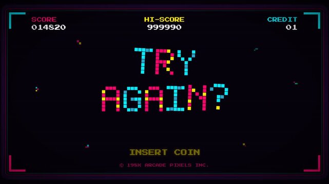 Retro Neon Arcade Game Screen Try Again Scene.