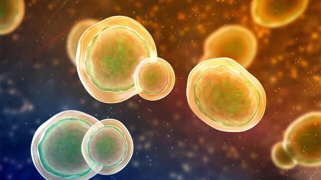 Cryptococcus neoformans, 3D animation of encapsulated yeast cells with budding forms, opportunistic fungal pathogen associated with cryptococcosis and meningitis in immunocompromised patients.