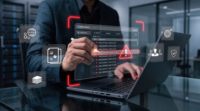 Cybersecurity compliance dashboard with warning alert on laptop screen, IT security monitoring system showing data protection and risk management interface for enterprise network