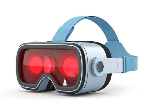 Virtual reality headset with glowing red lenses on blue strap isolated