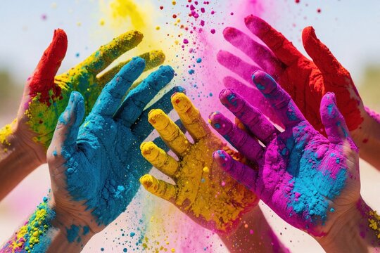 Multiple hands covered in vibrant Holi powder explode with color. People celebrate festival of colors throwing dry paint powder in joyful outdoor gathering with bright sky.