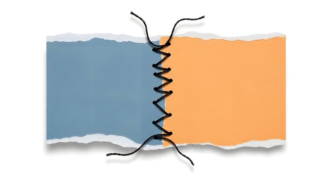 Two pieces of torn blue and orange paper joined together with black thread stitching on white background