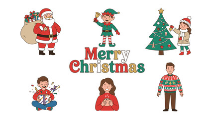 Fototapeta premium Merry Christmas Elements: A collection of festive Christmas icons including Santa Claus with a gift sack, an elf ringing a bell, a decorated Christmas tree, a child, a man in a festive sweater.