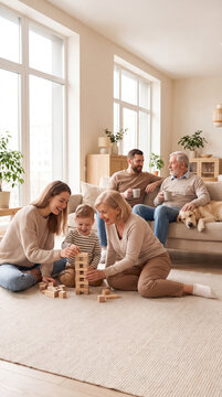 Three generations of a family spending time together; a happy family concept featuring grandparents, parents, and a child.