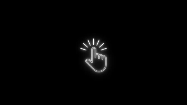 Glowing neon hand mouse cursor icon  on black background. Mouse pointer hand clicks icon animation. 4k video