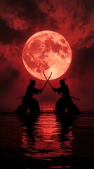 Obraz premium Two samurai warriors duel with swords drawn under a huge red moon at dusk. Silhouettes stand in water, reflections on surface. Intense atmosphere, ancient Japan.
