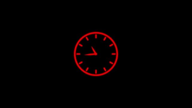 Red Clock spinning, watch animation on black background with alpha channel. Clock icon flat style 24 hours day fast speed clock . 4K video