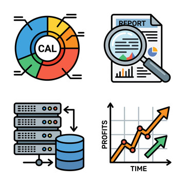 Business analysis and financial data statistics concept icons featuring server database, report audit, profit growth chart, and donut graph