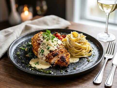 Delicious grilled chicken breast with creamy sauce and pasta served on a black plate for dinner. chicken romano recipe