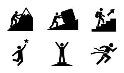Success Icons: Climbing Mountain, Pushing Boulder, Staircase Ascent, Reaching Star, Winning Podium, Running Finish Line © Faiza