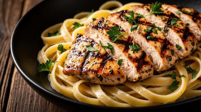 Grilled chicken breast slices served on fettuccine pasta in black bowl. Fresh green parsley garnish on meat. Meal sits on rustic wooden table background. Delicious lunch main course for healthy