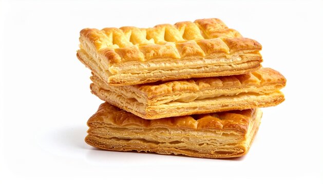 Freshly Baked Flaky Puff Pastry Biscuits Stacked on White Background