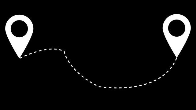 Animated map route with location pins, travel path connection,  navigation concept, white on black background 4k stock video