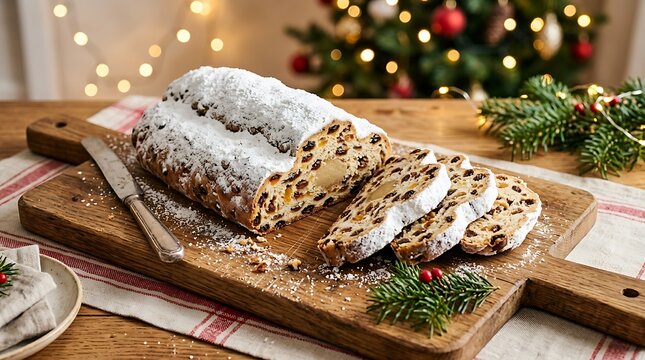 Traditional german christmas stollen cake with raisins and marzipan on a rustic wooden board