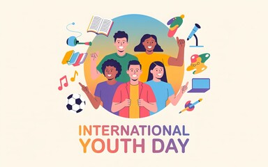 Fototapeta premium International Youth Day celebration diverse young students education creativity leadership innovation community empowerment equality inspiration modern vector poster design artwork