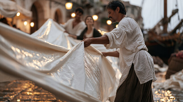 sailmaker dragging heavy canvas across wet cobblestone streets in rain, a couple working in tandem stretching and folding the glistening waterproof fabric under streetlamps,