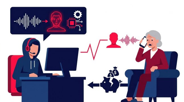 A scenario shows a scammer using voice cloning technology to deceive an elderly person over the phone. The scammer sits at a computer.